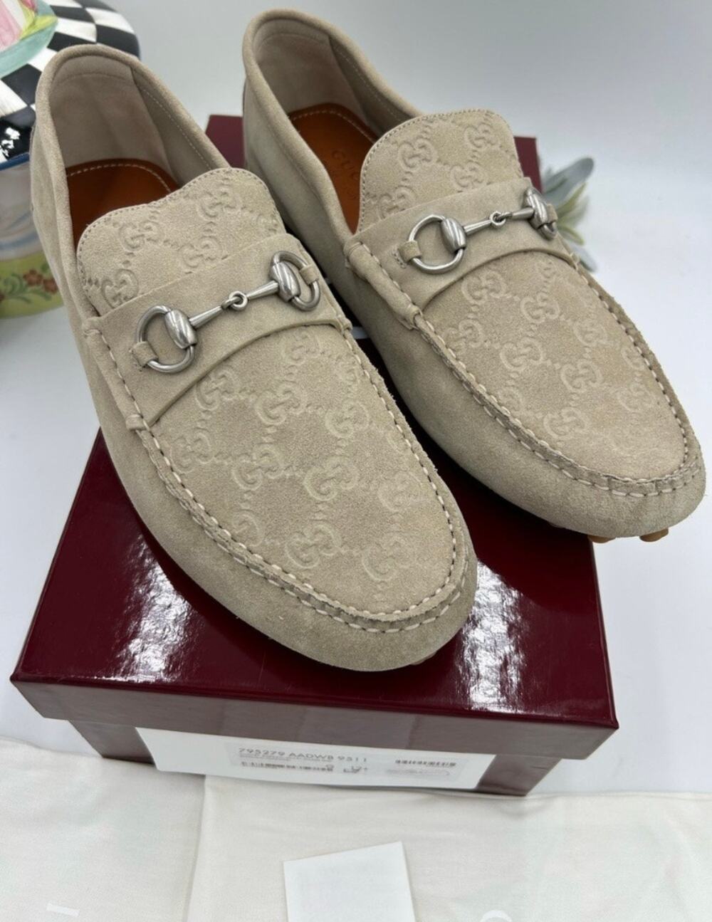 Men's Gucci GG embossed suede driver loafers size 12.5 fits 13 US made in Italy